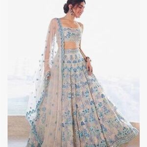 Elegant Blue and Cream Embroidered Lehenga